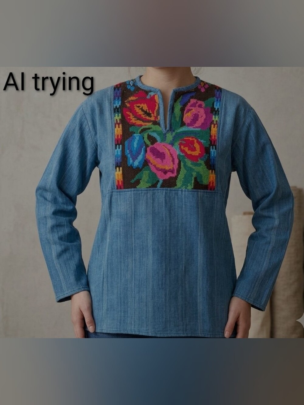 Vintage 70s Guatemala Embroidered Floral And Denim Top - Picture 5 of 5